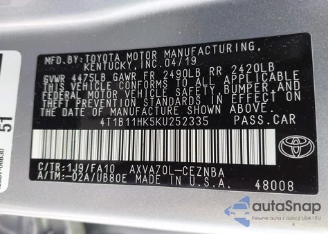 2019 Toyota Camry Le from USA, damaged, VIN 4T1B11HK5KU252335